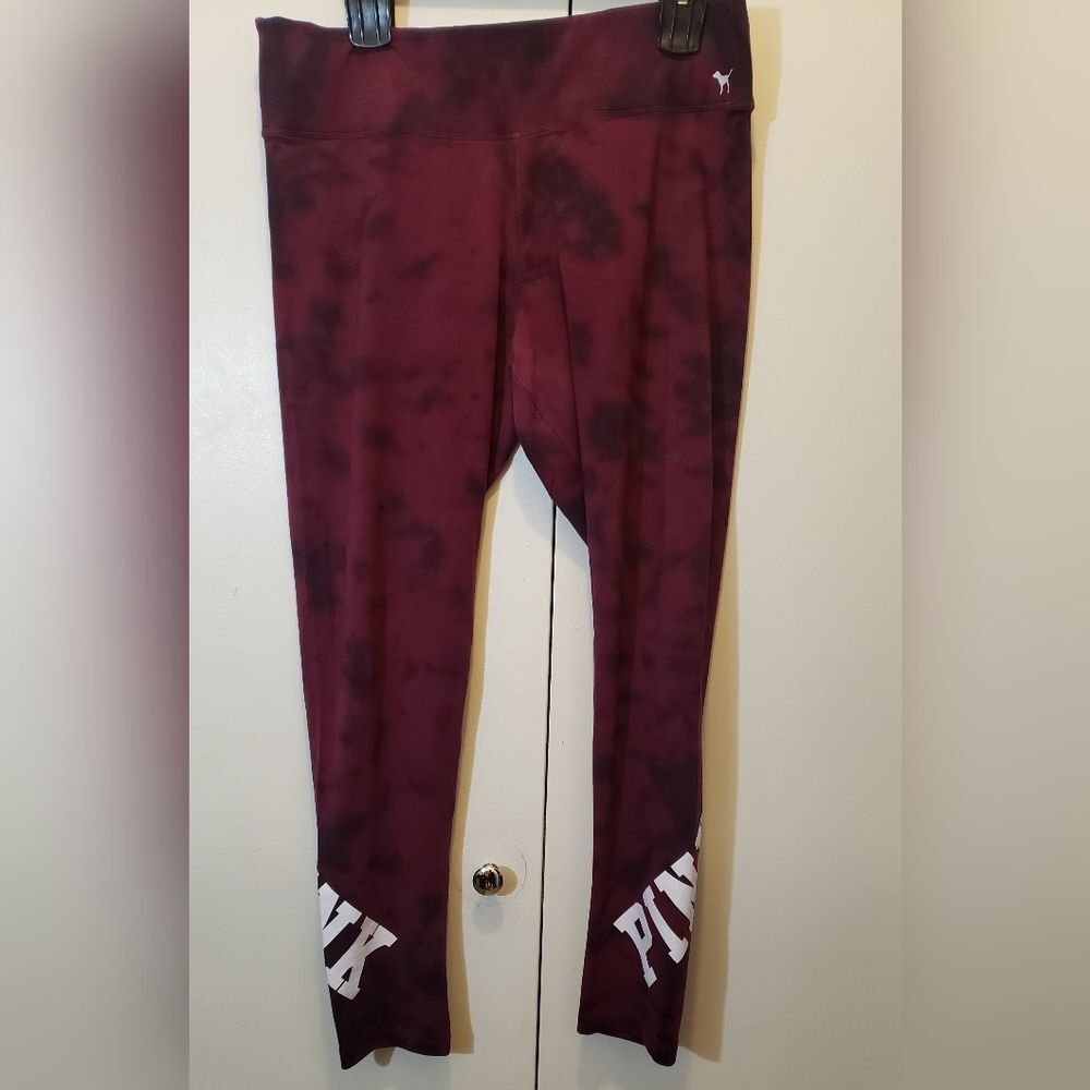 PINK Victoria’s Secret Large Maroon Tie Dye High Rise Cotton Yoga  Logo Leggings - Picture 3 of 11